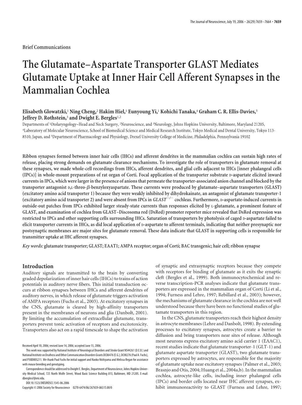 The Glutamate–Aspartate Transporter GLAST Mediates Glutamate Uptake at Inner Hair Cell Afferent Synapses in the Mammalian Cochlea