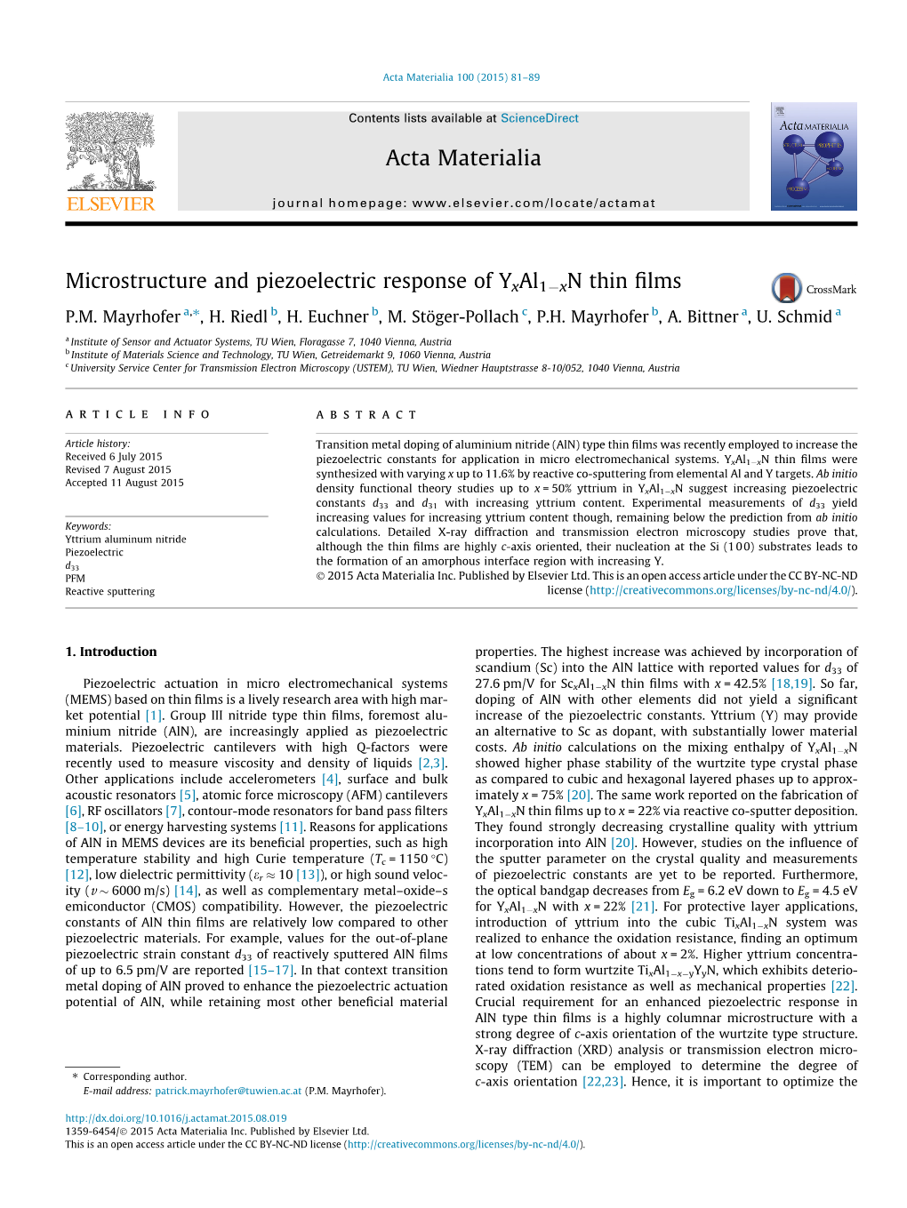 Microstructure and Piezoelectric Response of Yxal1âˆ'xn Thin Films