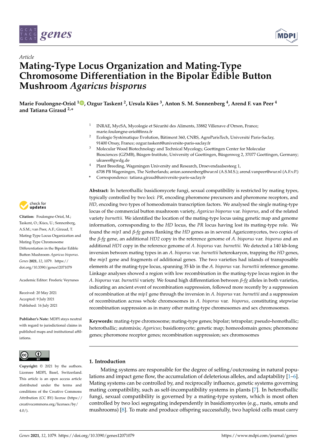 Mating-Type Locus Organization and Mating-Type Chromosome Differentiation in the Bipolar Edible Button Mushroom Agaricus Bisporus