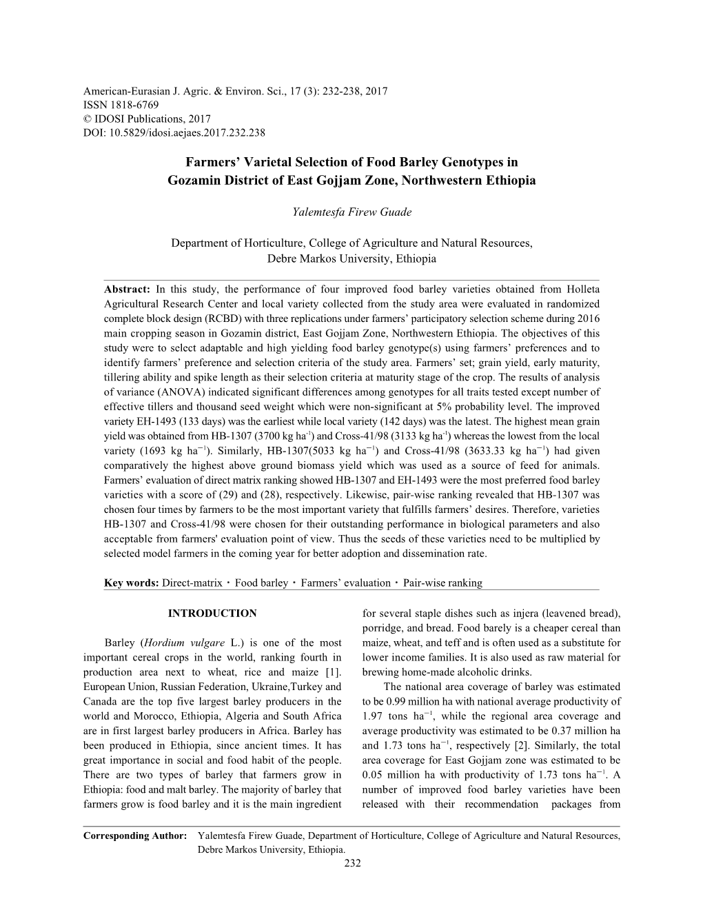 Farmers' Varietal Selection of Food Barley Genotypes in Gozamin