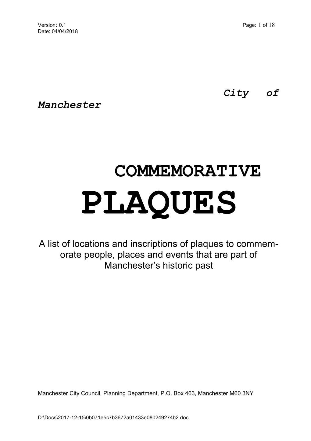 Manchester Commemorative Plaques