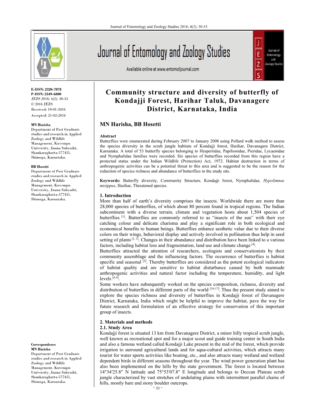 Community Structure and Diversity of Butterfly of Kondajji Forest, Harihar