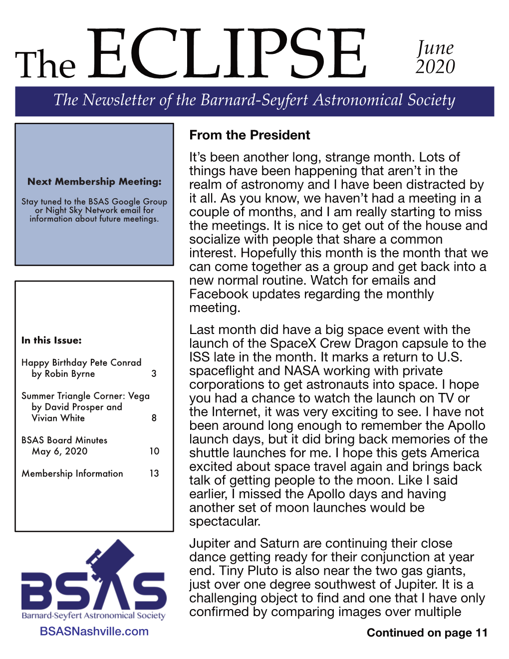 The Newsletter of the Barnard-Seyfert Astronomical Society