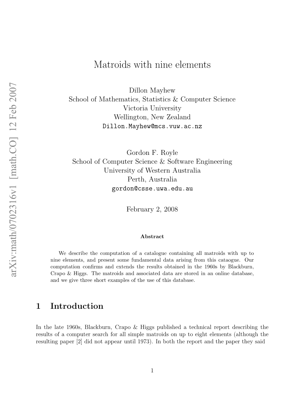 Matroids with Nine Elements