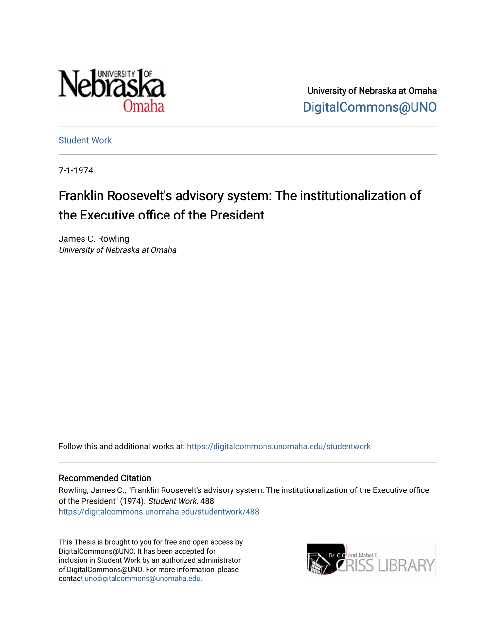 Franklin Roosevelt's Advisory System: the Institutionalization of the Executive Office of the Esidentpr