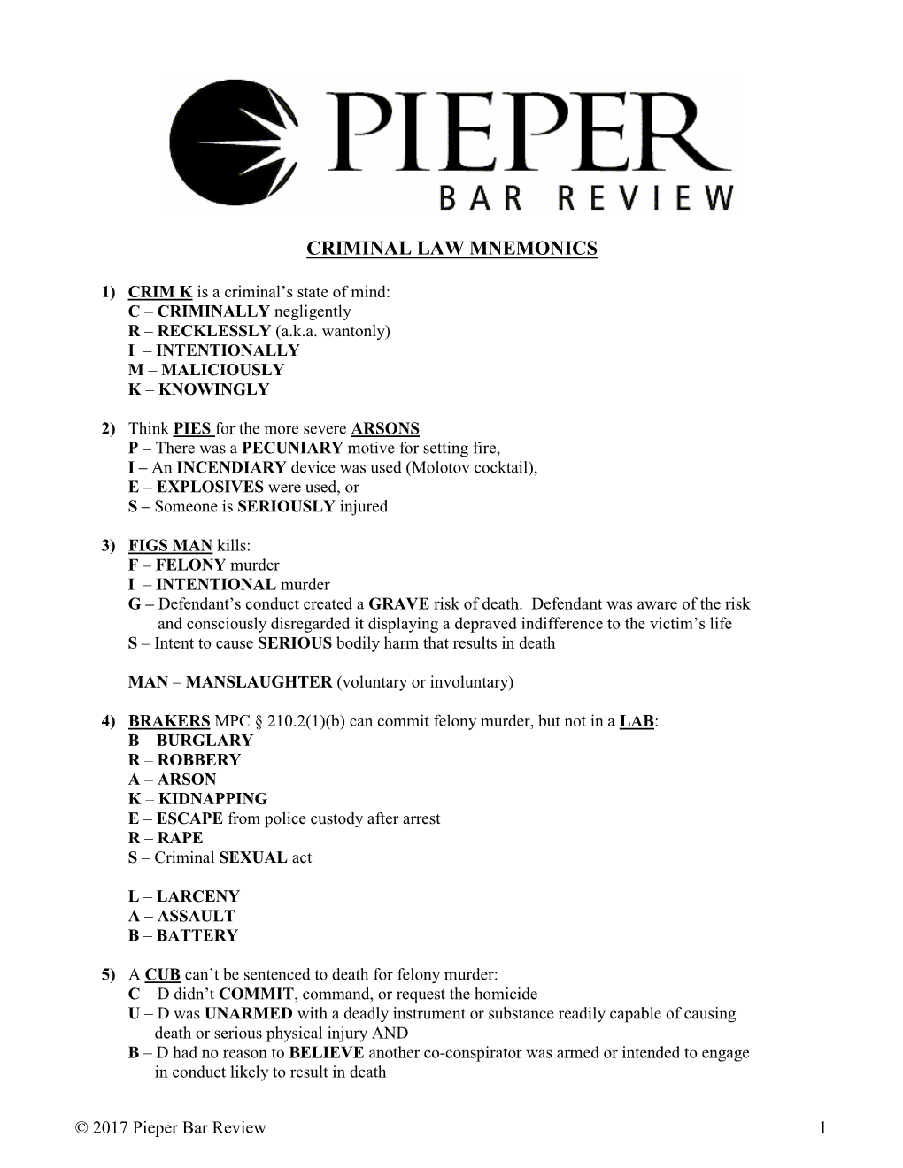 Criminal Law Mnemonics