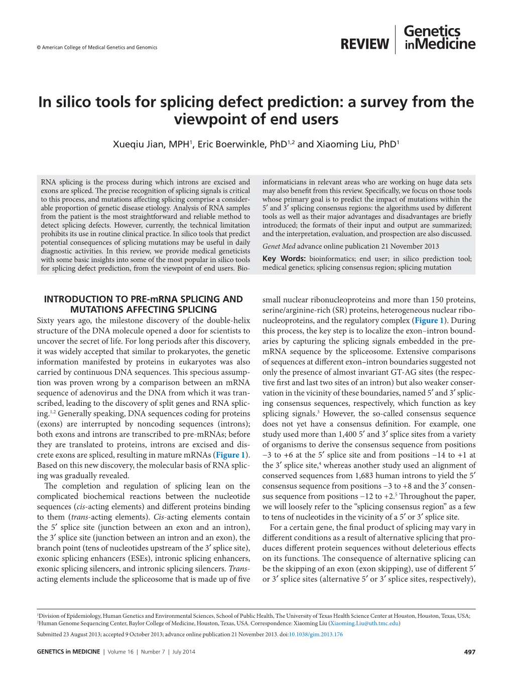 In Silico Tools for Splicing Defect Prediction: a Survey from the Viewpoint of End Users