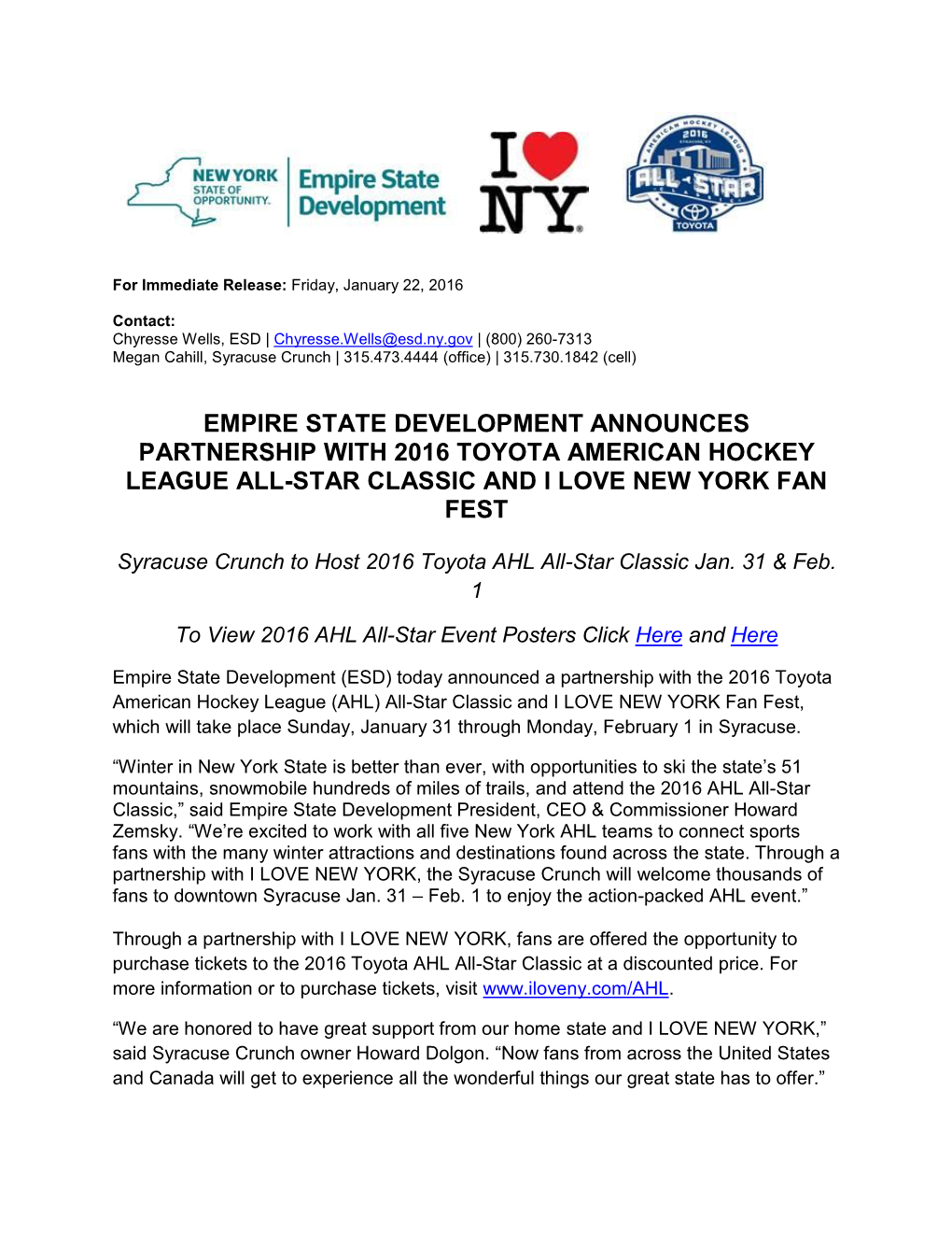 Empire State Development Announces Partnership with 2016 Toyota American Hockey League All-Star Classic and I Love New York Fan Fest