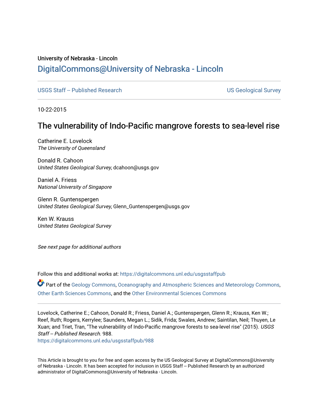 The Vulnerability of Indo-Pacific Mangrove Forests to Sea-Level Rise