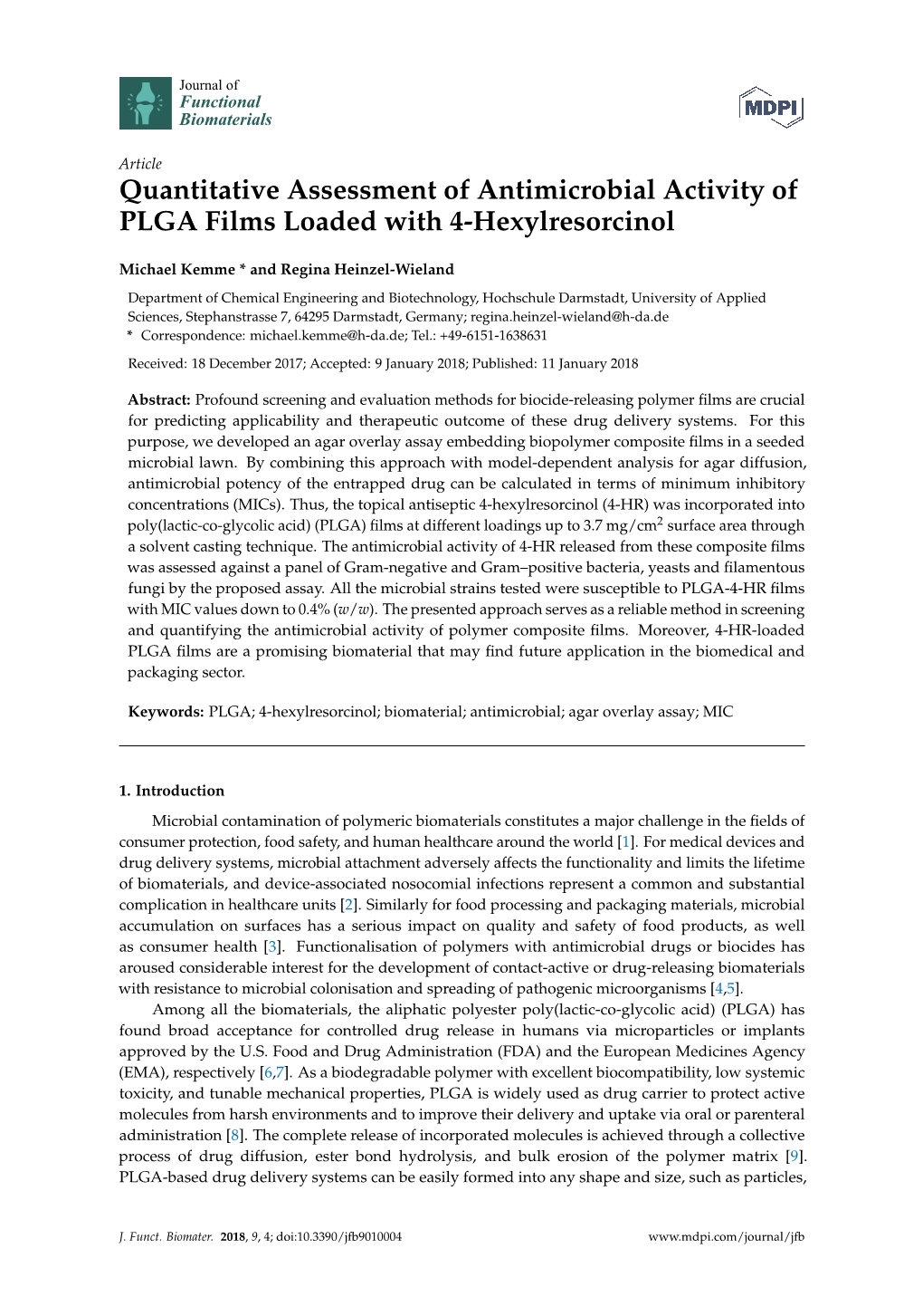 Quantitative Assessment of Antimicrobial Activity of PLGA Films Loaded with 4-Hexylresorcinol