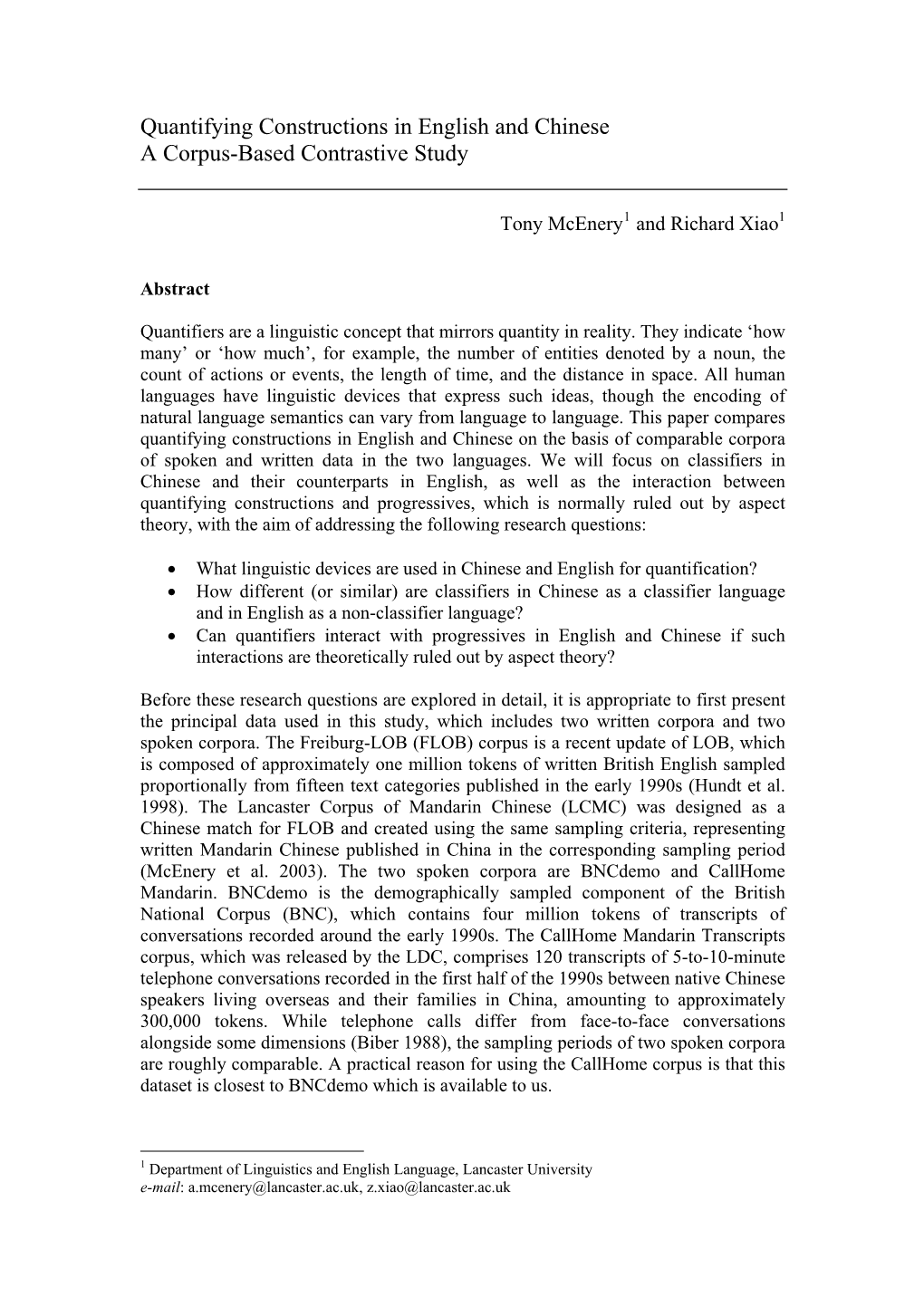 Quantifying Constructions in English and Chinese a Corpus-Based Contrastive Study