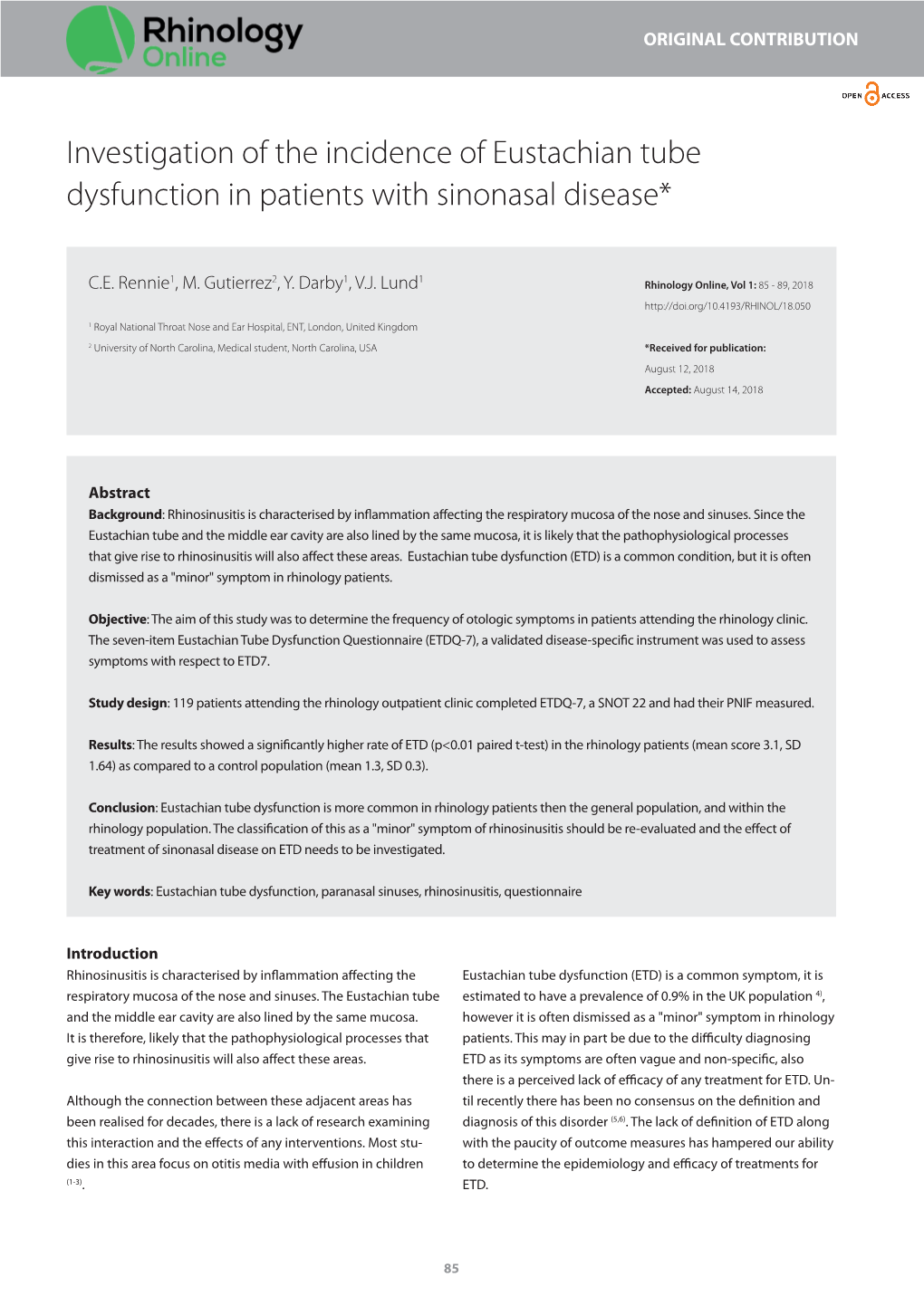 Investigation of the Incidence of Eustachian Tube Dysfunction in Patients with Sinonasal Disease*