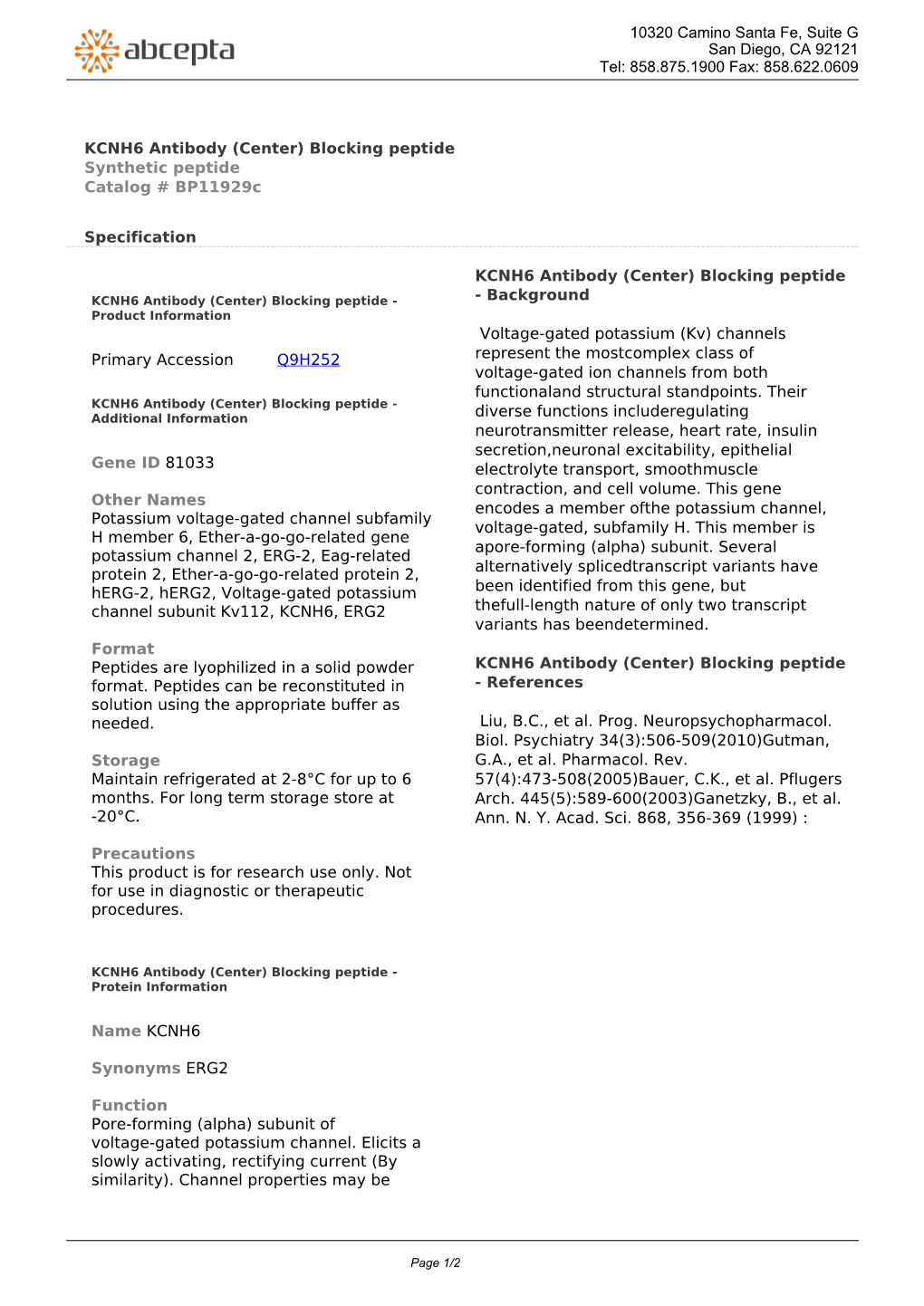 KCNH6 Antibody (Center) Blocking Peptide Synthetic Peptide Catalog # Bp11929c