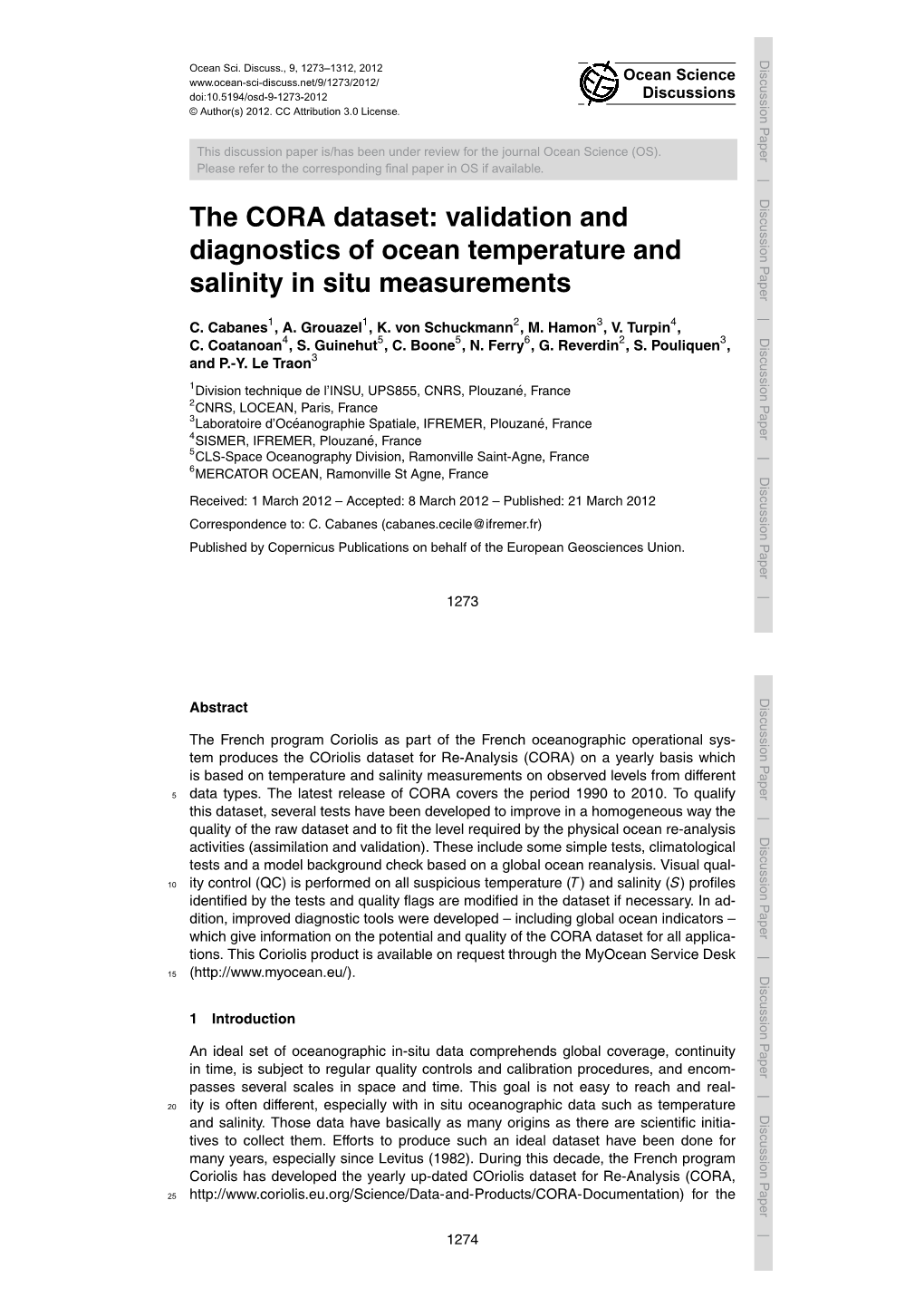 The CORA Dataset: Validation and Diagnostics of Ocean Temperature and Salinity in Situ Measurements C