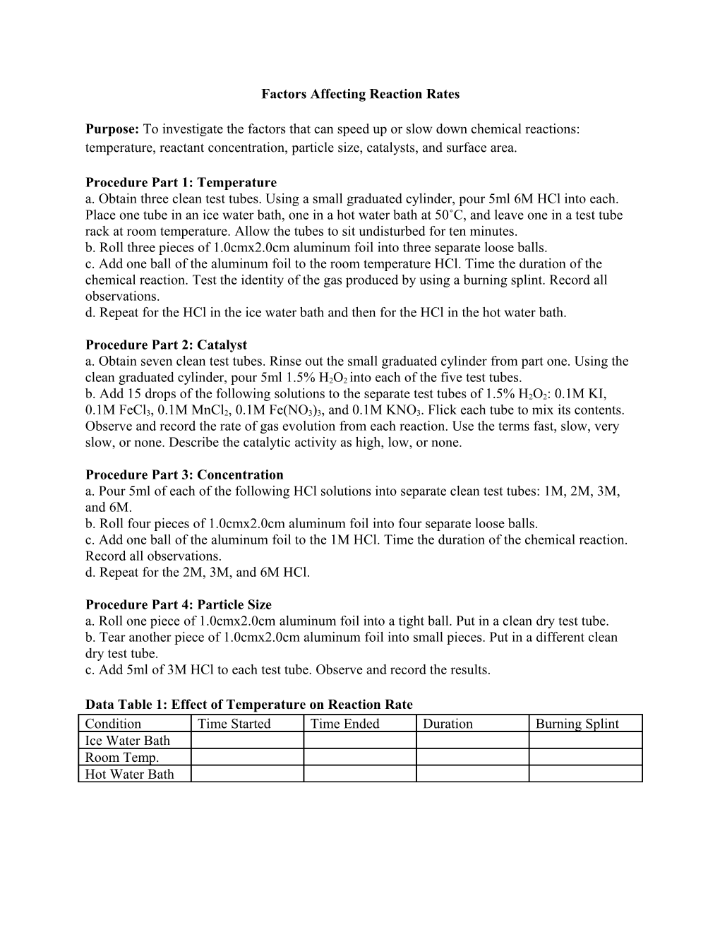 Factors Affecting Reaction Rates