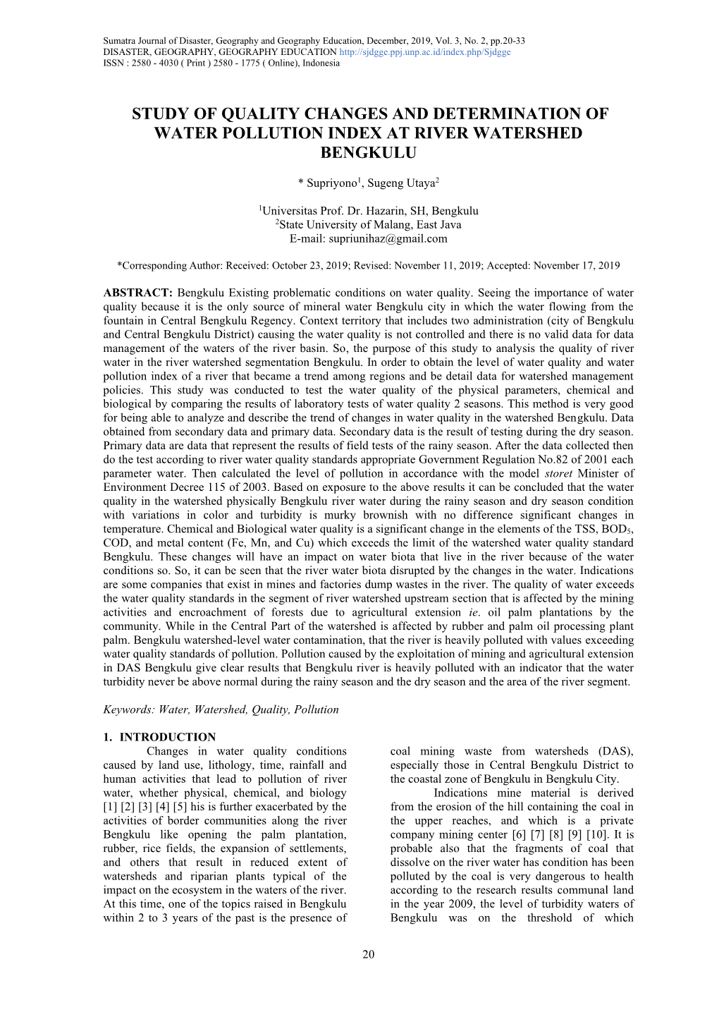 Study of Quality Changes and Determination of Water Pollution Index at River Watershed Bengkulu