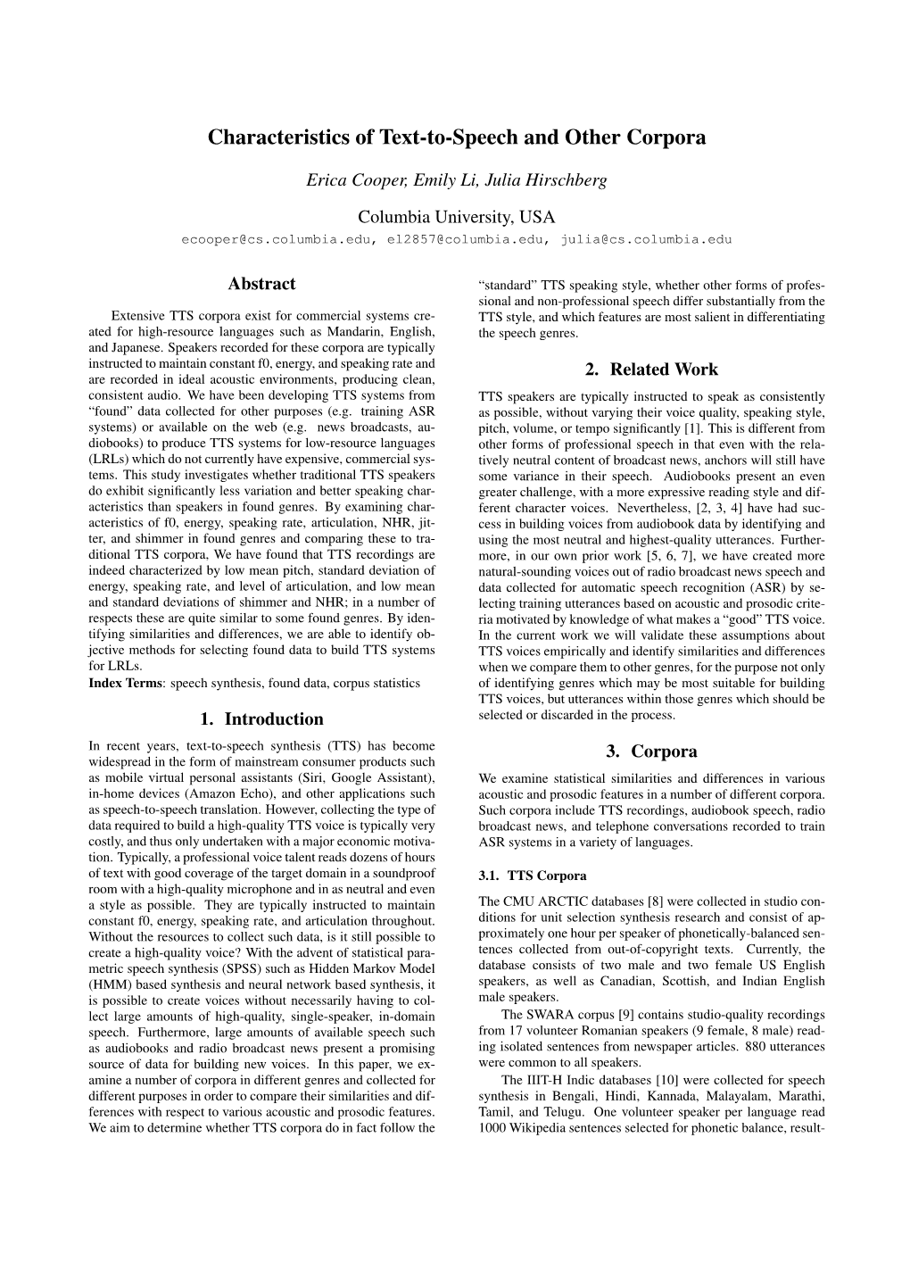 Characteristics of Text-To-Speech and Other Corpora