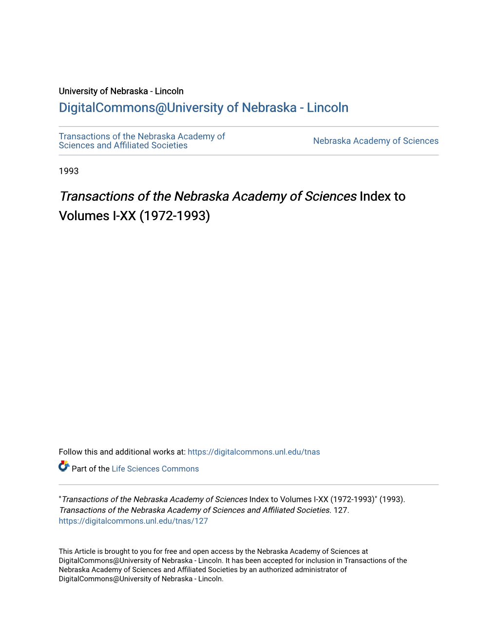 Transactions of the Nebraska Academy of Sciences Index to Volumes I-XX (1972-1993)