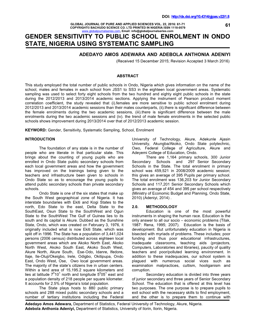 Gender Sensitivity to Public School Enrolment in Ondo State, Nigeria Using Systematic Sampling