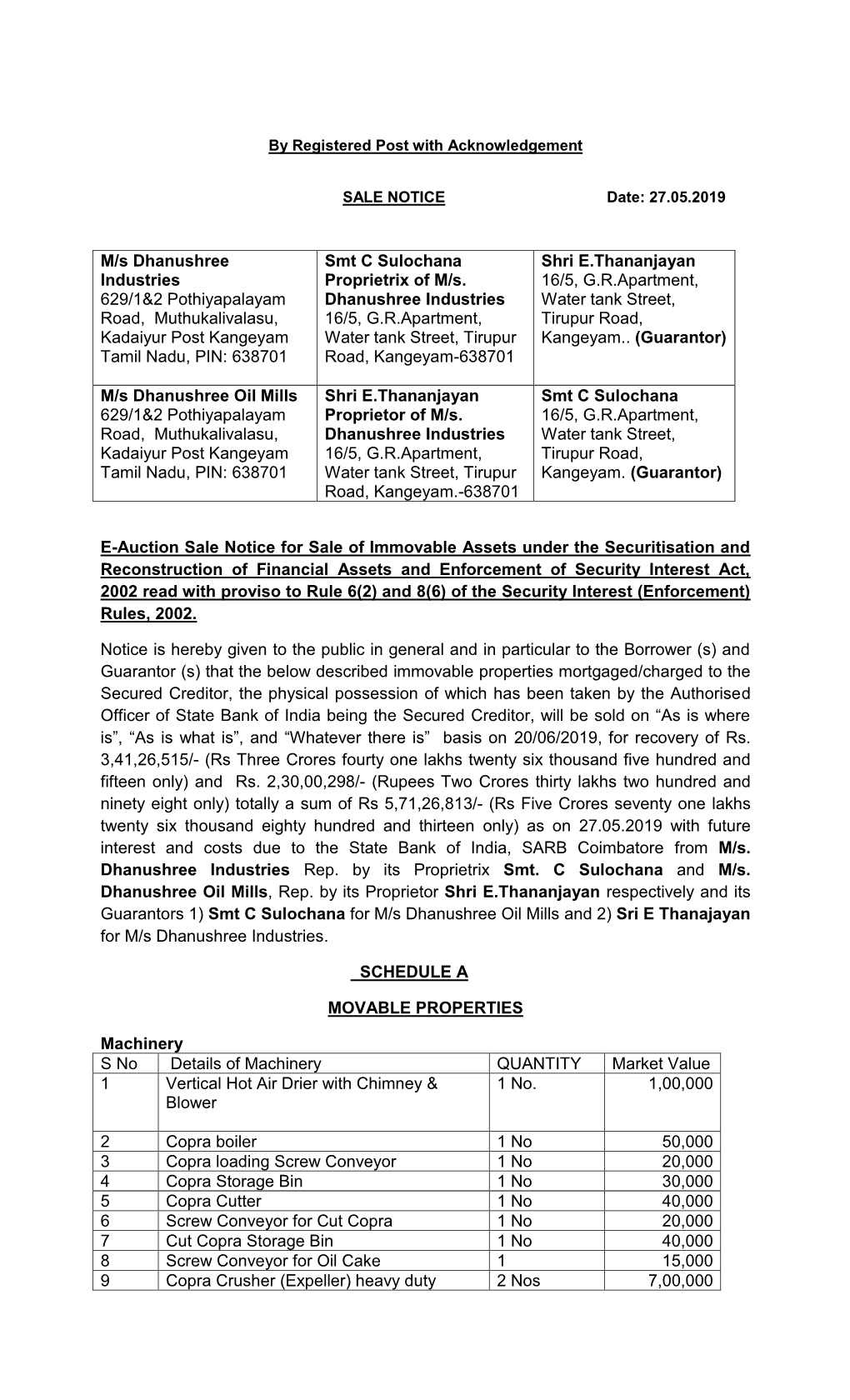 M/S Dhanushree Industries 629/1&2 Pothiyapalayam