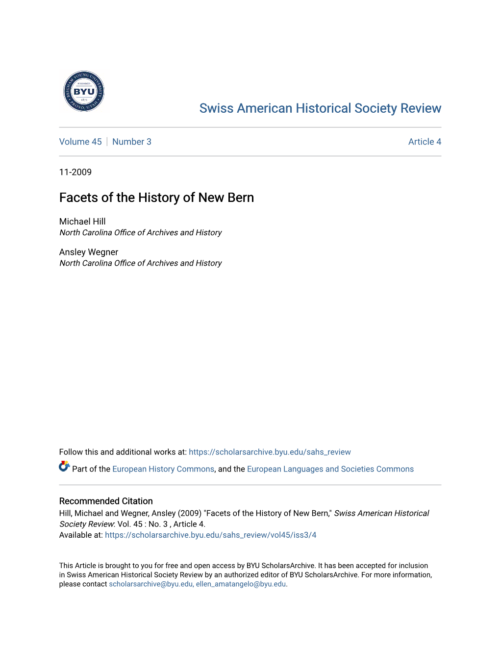 Facets of the History of New Bern