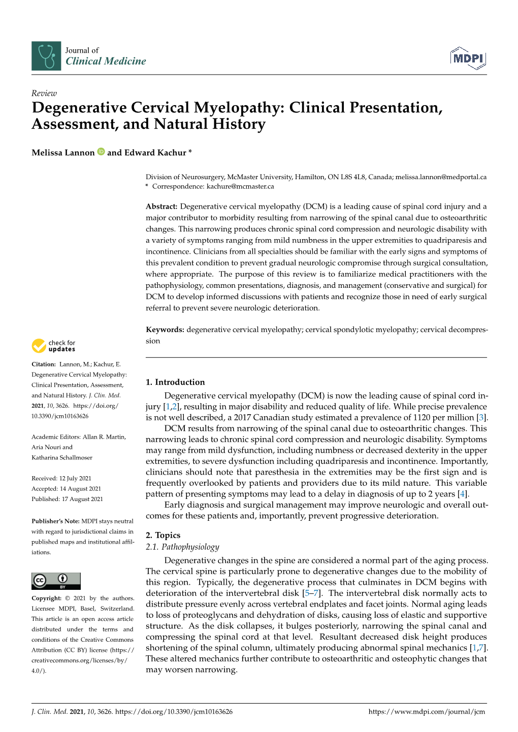 Degenerative Cervical Myelopathy: Clinical Presentation, Assessment, and Natural History