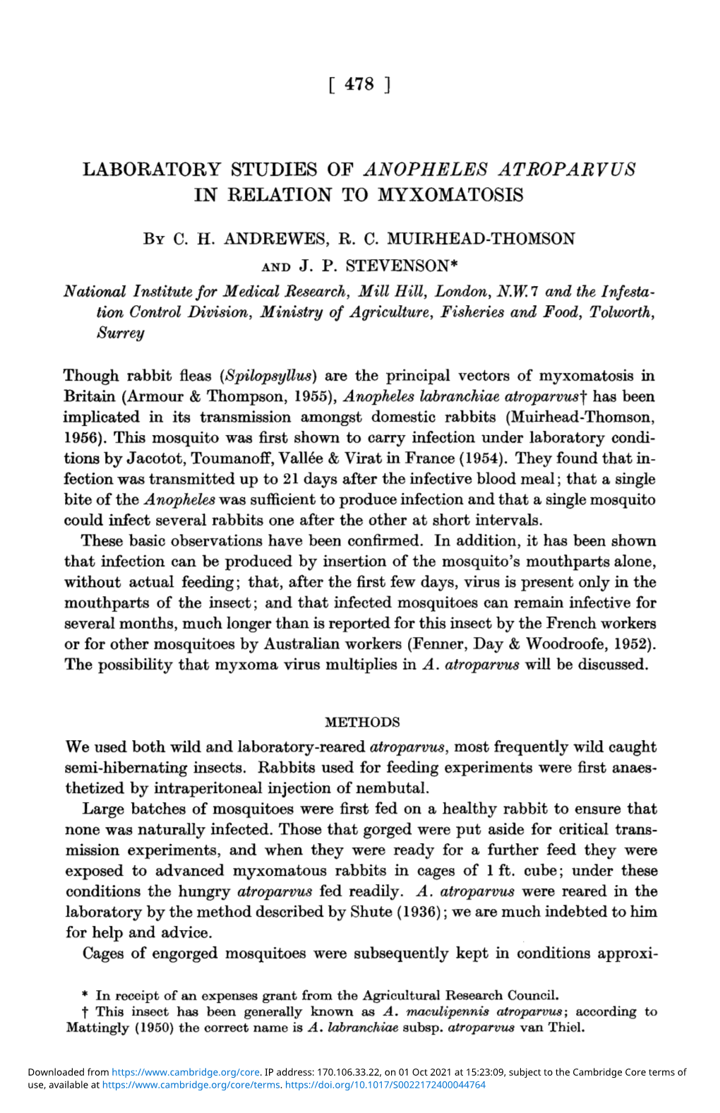 Laboratory Studies of Anopheles Atroparvus in Relation To