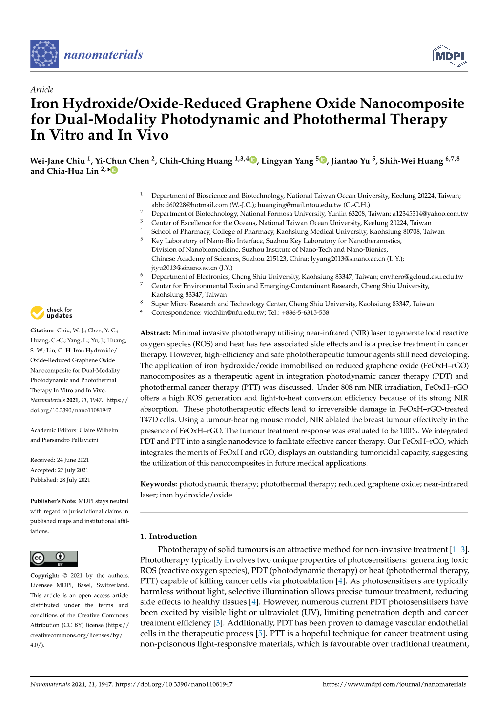 Iron Hydroxide/Oxide-Reduced Graphene Oxide Nanocomposite for Dual-Modality Photodynamic and Photothermal Therapy in Vitro and in Vivo