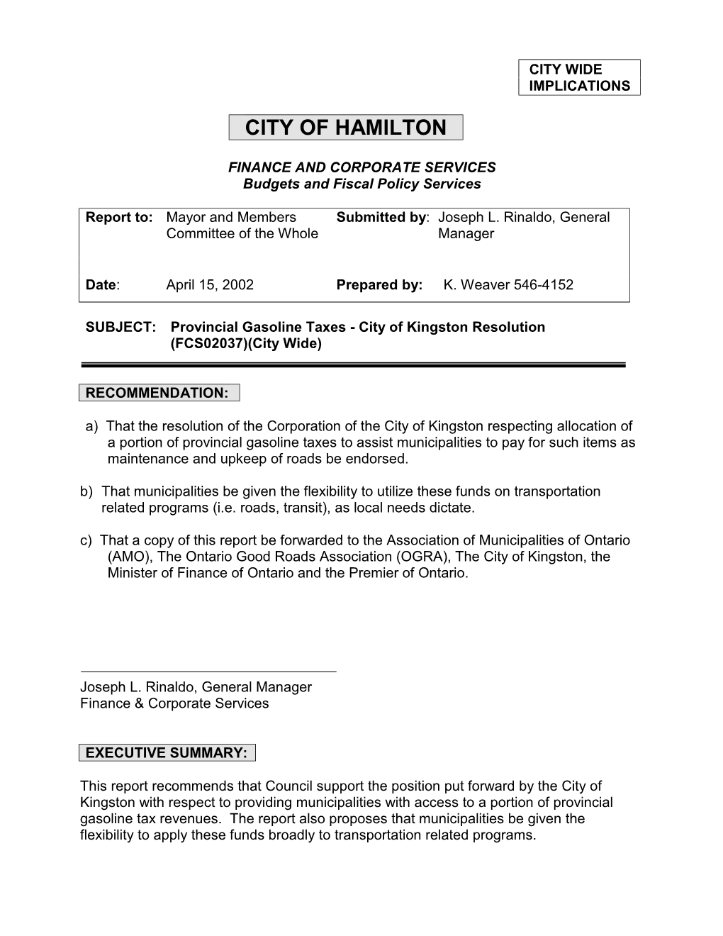 Provincial Gasoline Taxes - City of Kingston Resolution (FCS02037)(City Wide)