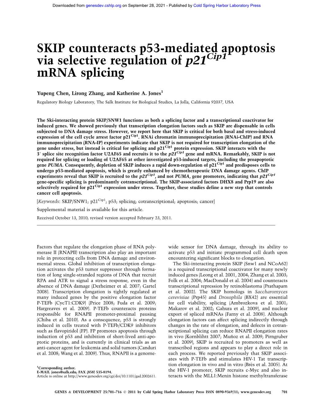 SKIP Counteracts P53-Mediated Apoptosis Via Selective Regulation of P21cip1 Mrna Splicing
