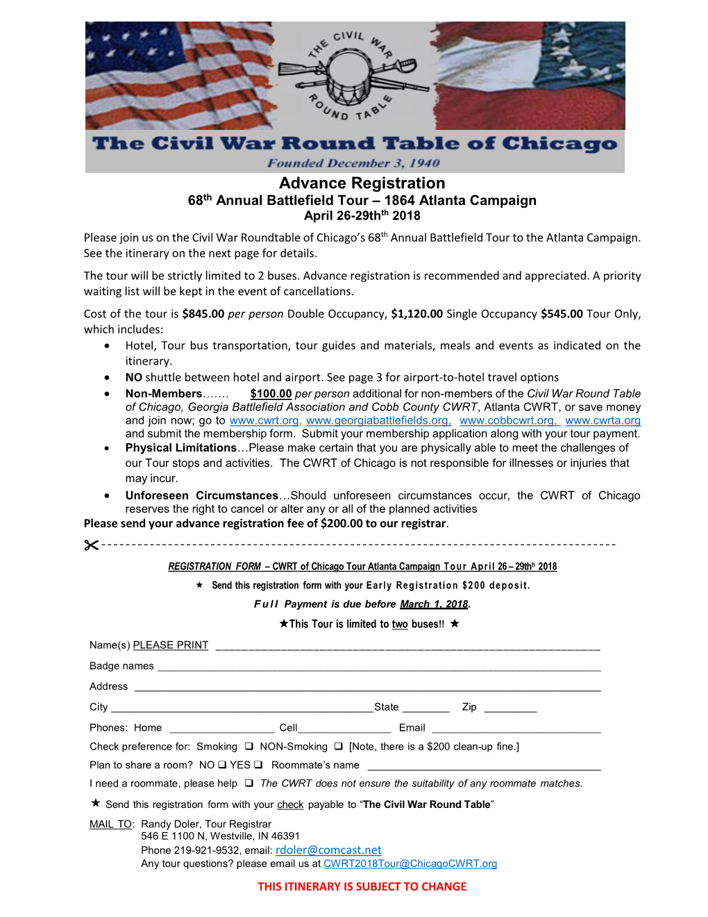 1864 Atlanta Campaign April 26-29Thth 2018 Please Join Us on the Civil War Roundtable of Chicago’S 68Th Annual Battlefield Tour to the Atlanta Campaign