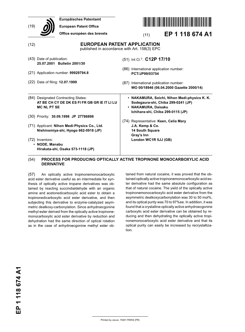 Process for Producing Optically Active Tropinone Monocarboxylic Acid Derivative