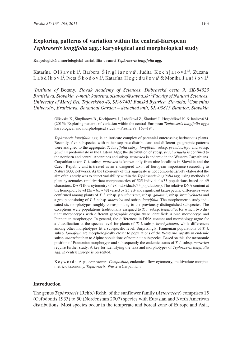 Exploring Patterns of Variation Within the Central-European Tephroseris Longifolia Agg.: Karyological and Morphological Study