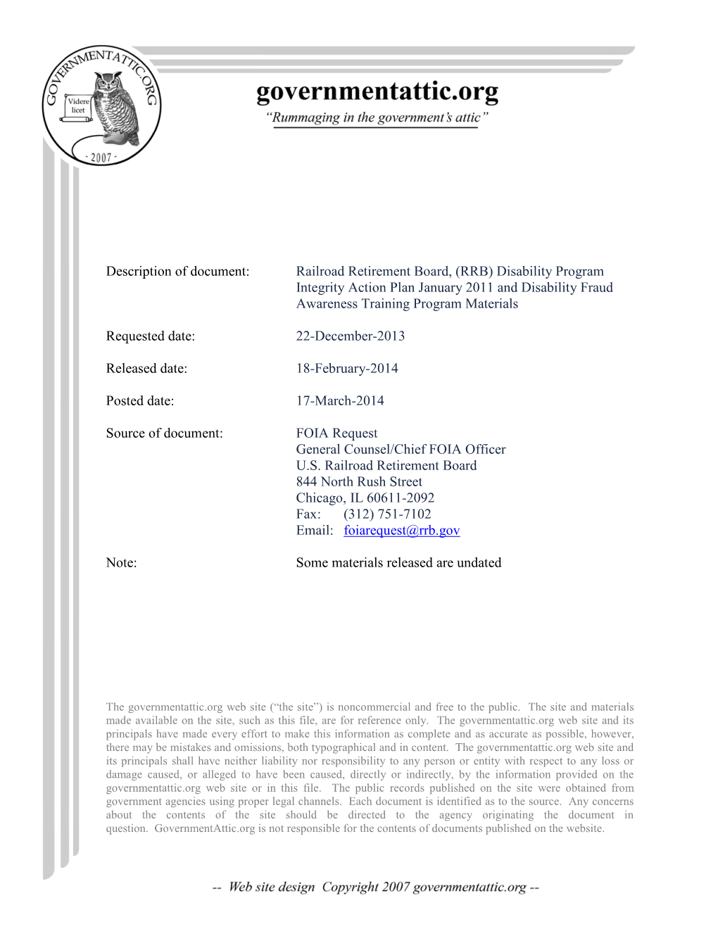 Railroad Retirement Board, (RRB) Disability Program Integrity Action Plan January 2011 and Disability Fraud Awareness Training Program Materials