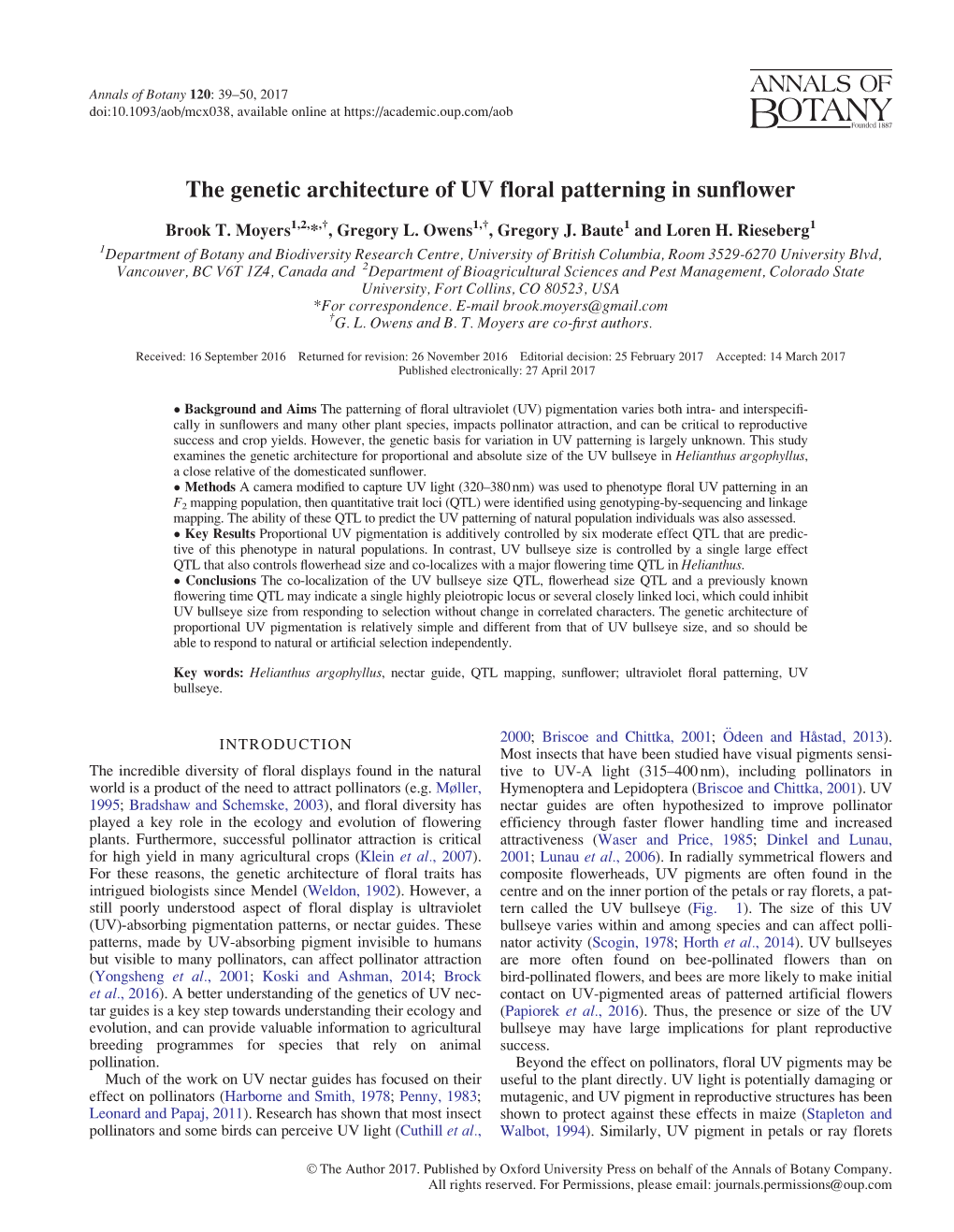 The Genetic Architecture of UV Floral Patterning in Sunflower