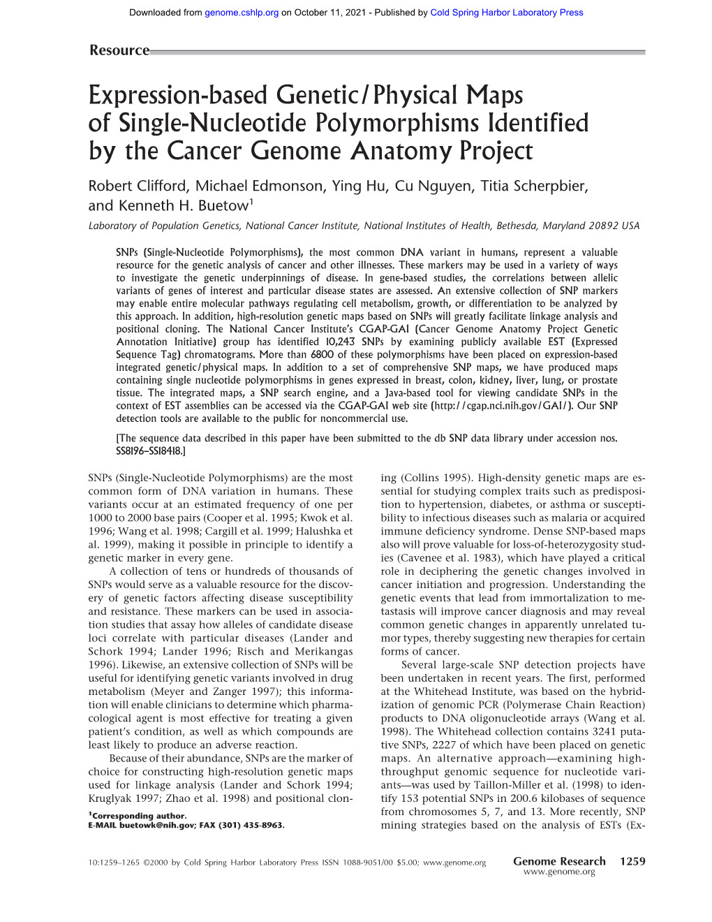 Expression-Based Genetic/Physical Maps of Single-Nucleotide Polymorphisms Identified by the Cancer Genome Anatomy Project