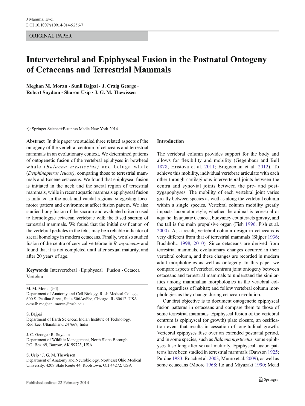 Intervertebral and Epiphyseal Fusion in the Postnatal Ontogeny of Cetaceans and Terrestrial Mammals