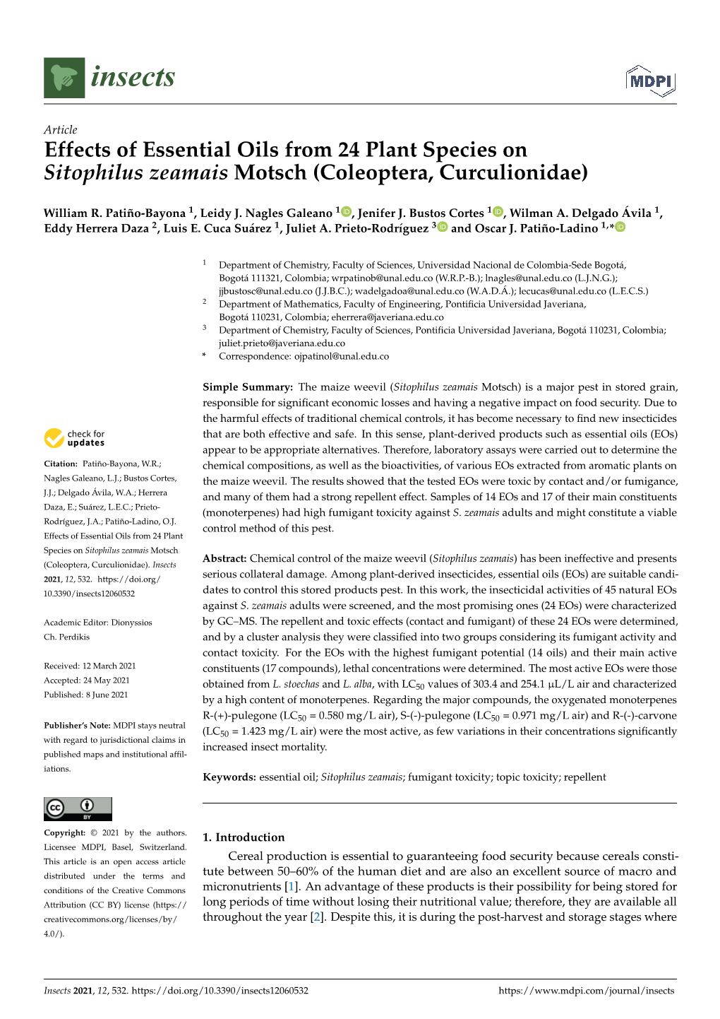 Effects of Essential Oils from 24 Plant Species on Sitophilus Zeamais Motsch (Coleoptera, Curculionidae)