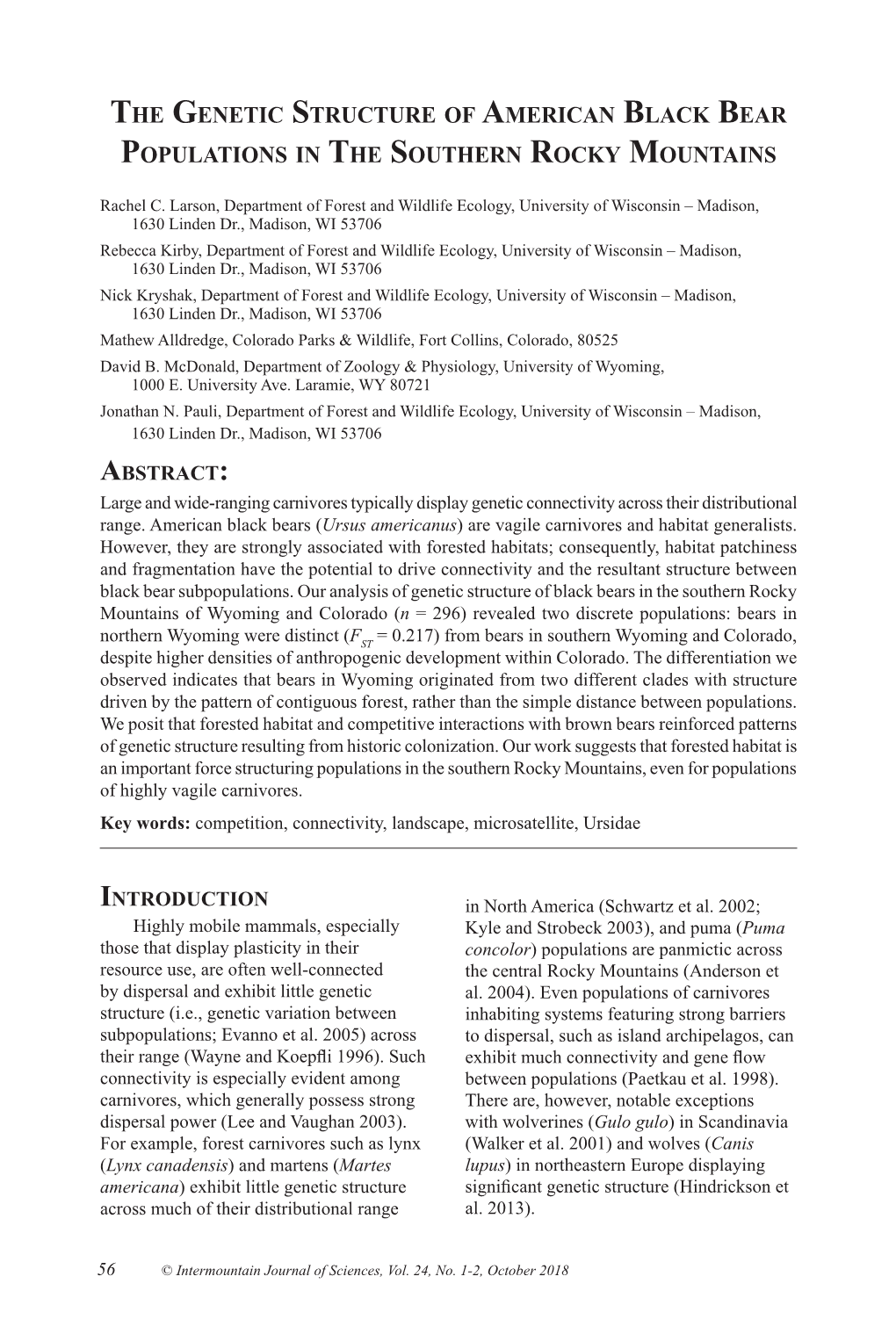 The Genetic Structure of American Black Bear Populations in the Southern Rocky Mountains