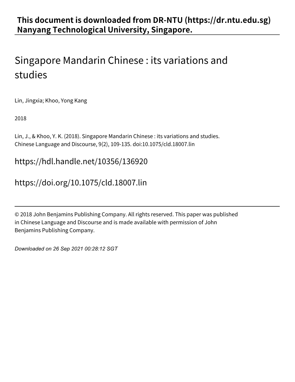 Singapore Mandarin Chinese : Its Variations and Studies