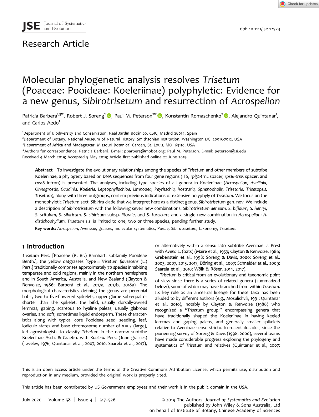 Molecular Phylogenetic Analysis Resolves Trisetum