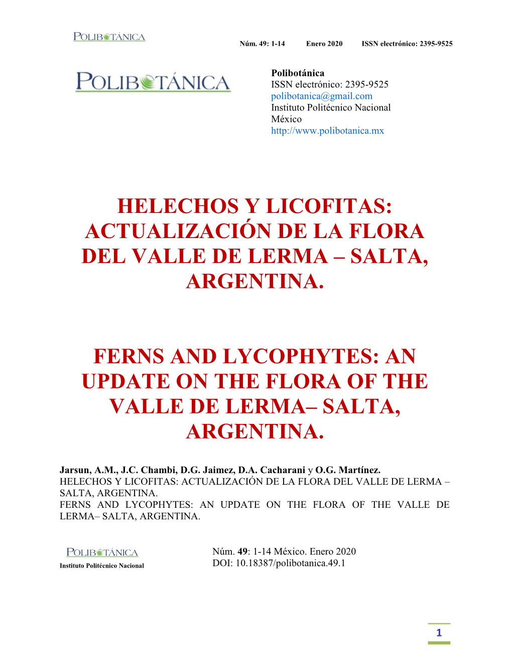 Actualización De La Flora Del Valle De Lerma – Salta, Argentina