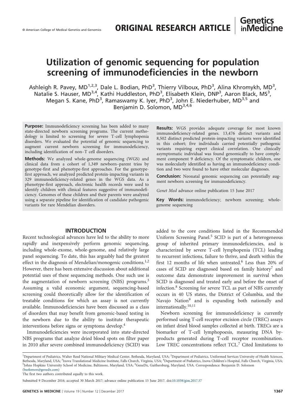 Utilization of Genomic Sequencing for Population Screening of Immunodeficiencies in the Newborn