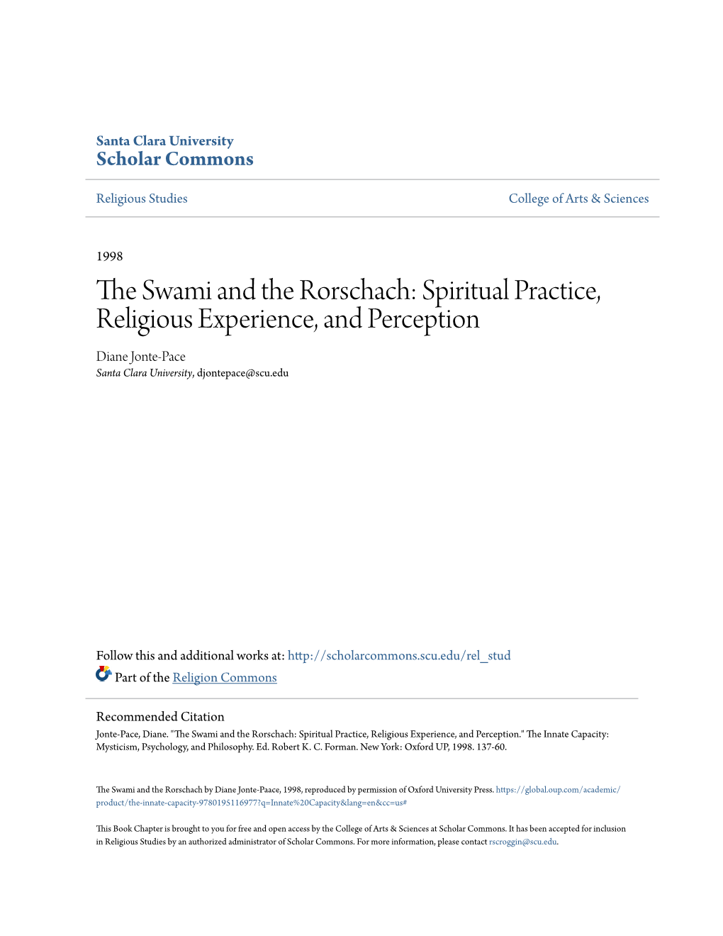The Swami and the Rorschach: Spiritual Practice, Religious