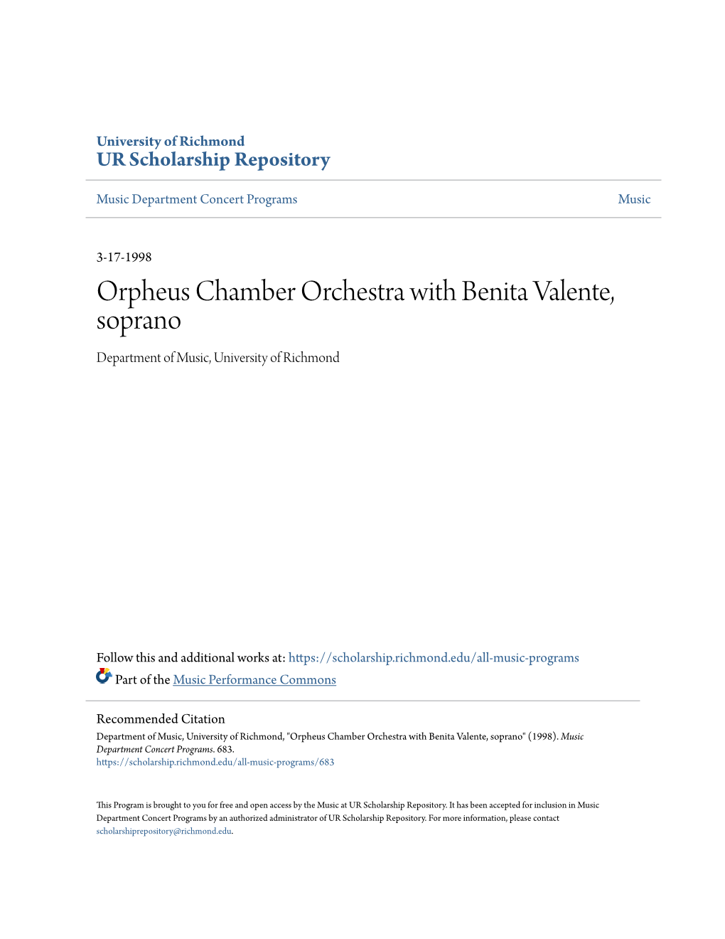 Orpheus Chamber Orchestra with Benita Valente, Soprano Department of Music, University of Richmond