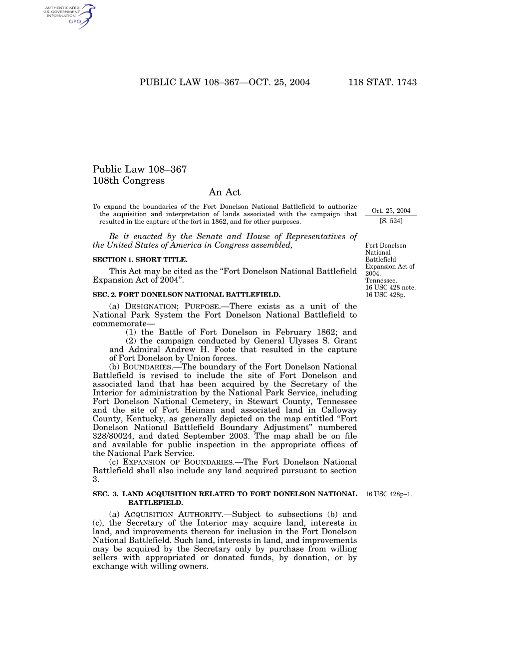 Public Law 108–367 108Th Congress an Act to Expand the Boundaries of the Fort Donelson National Battlefield to Authorize Oct