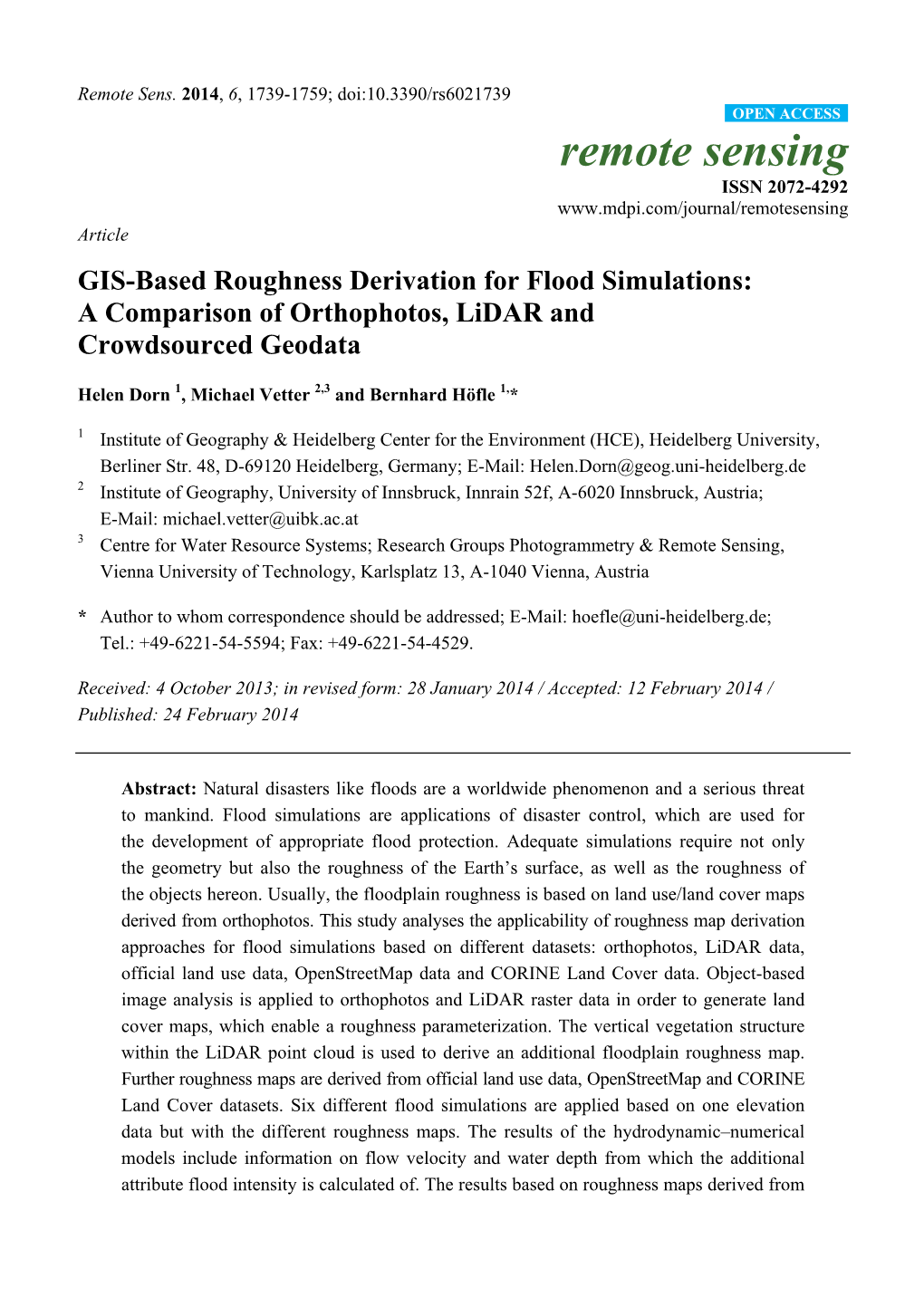 GIS-Based Roughness Derivation for Flood Simulations: a Comparison of Orthophotos, Lidar and Crowdsourced Geodata