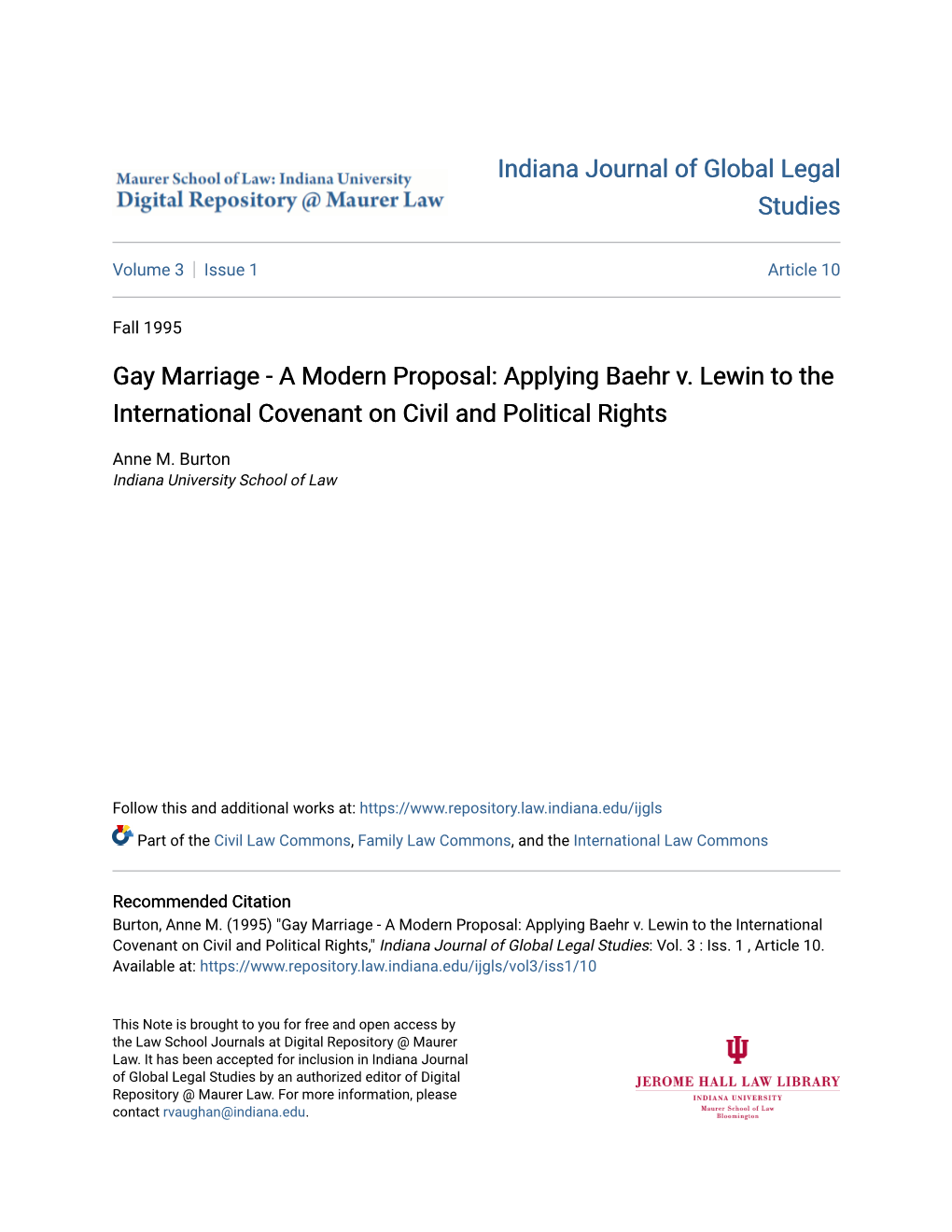 Gay Marriage - a Modern Proposal: Applying Baehr V