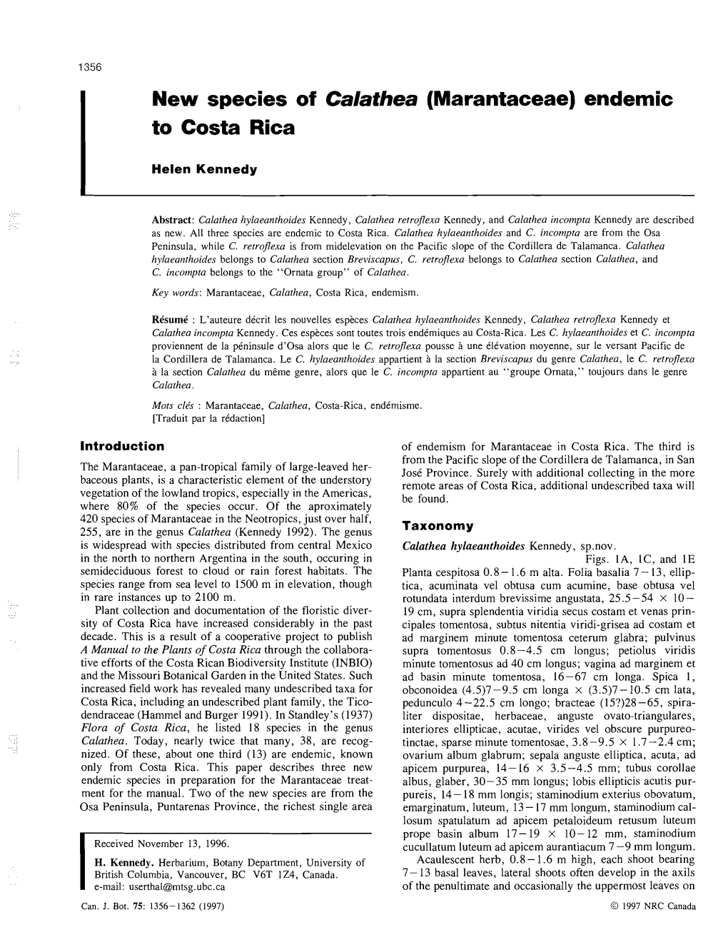 New Species of Calathea (Marantaceae) Endemic to Costa Rica