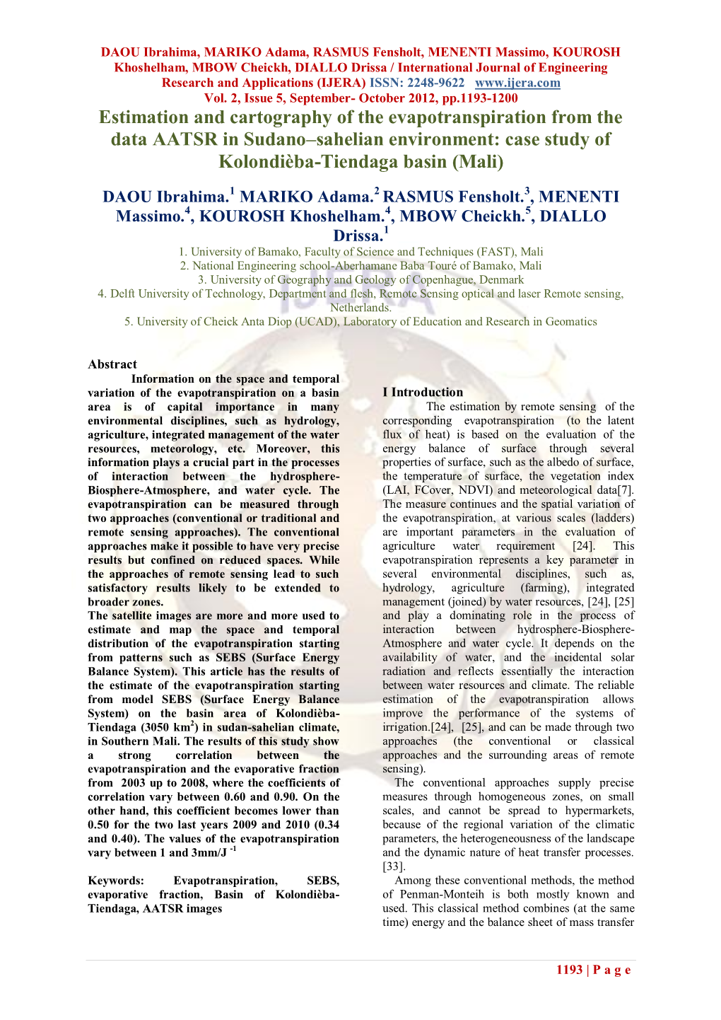 Estimation and Cartography of the Evapotranspiration from the Data AATSR in Sudano–Sahelian Environment: Case Study of Kolondièba-Tiendaga Basin (Mali)